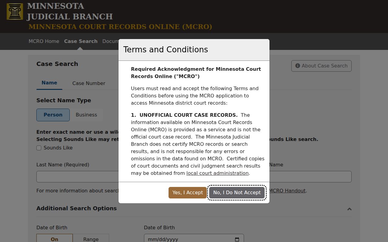 Austin resident lookup using the Minnesota Court Records Online search